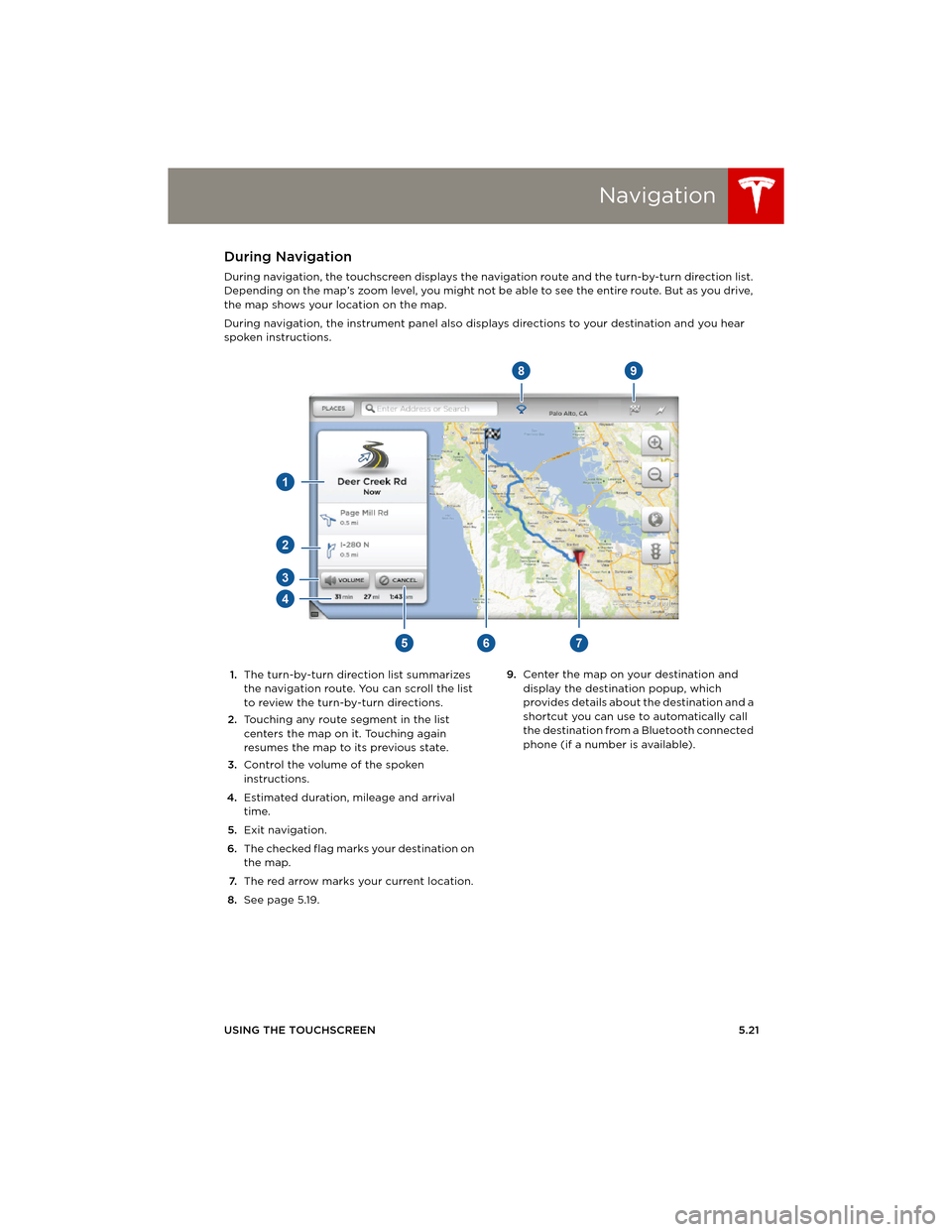 TESLA MODEL S 2014 Owners manual (Europe) Navigation
USING THE TOUCHSCREEN5.21
During Navigation
During navigation, the touchscreen displays the navigation route and the turn-by-turn direction list.
Depending on the map’s zoom level, you m TESLA MODEL S 2014 Owners manual (Europe) Navigation
USING THE TOUCHSCREEN5.21
During Navigation
During navigation, the touchscreen displays the navigation route and the turn-by-turn direction list.
Depending on the map’s zoom level, you m