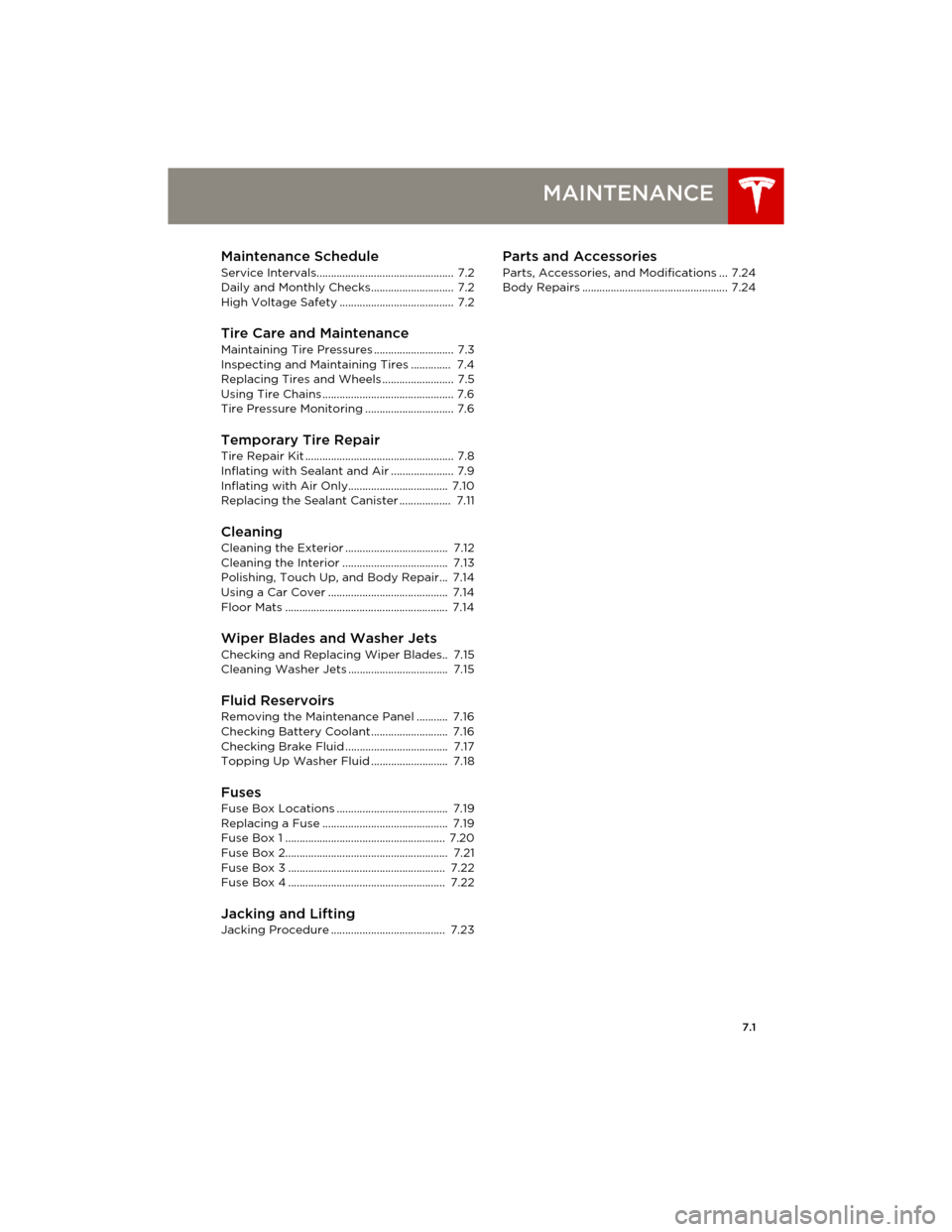 TESLA MODEL S 2014 Owners manual (Europe) 7.1
MAINTENANCE
Maintenance Schedule
Service Intervals................................................ 7.2
Daily and Monthly Checks............................. 7.2
High Voltage Safety ............... TESLA MODEL S 2014 Owners manual (Europe) 7.1
MAINTENANCE
Maintenance Schedule
Service Intervals................................................ 7.2
Daily and Monthly Checks............................. 7.2
High Voltage Safety ...............