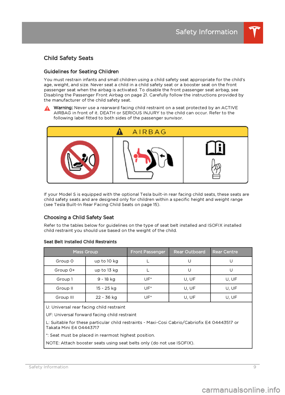 TESLA MODEL S 2014 Quick Guide (Europe) Child Safety SeatsGuidelines for Seating ChildrenYou must restrain infants and small children using a child safety seat appropriate for the child’sage, weight, and size. Never seat a child in a chil TESLA MODEL S 2014 Quick Guide (Europe) Child Safety SeatsGuidelines for Seating ChildrenYou must restrain infants and small children using a child safety seat appropriate for the child’sage, weight, and size. Never seat a child in a chil