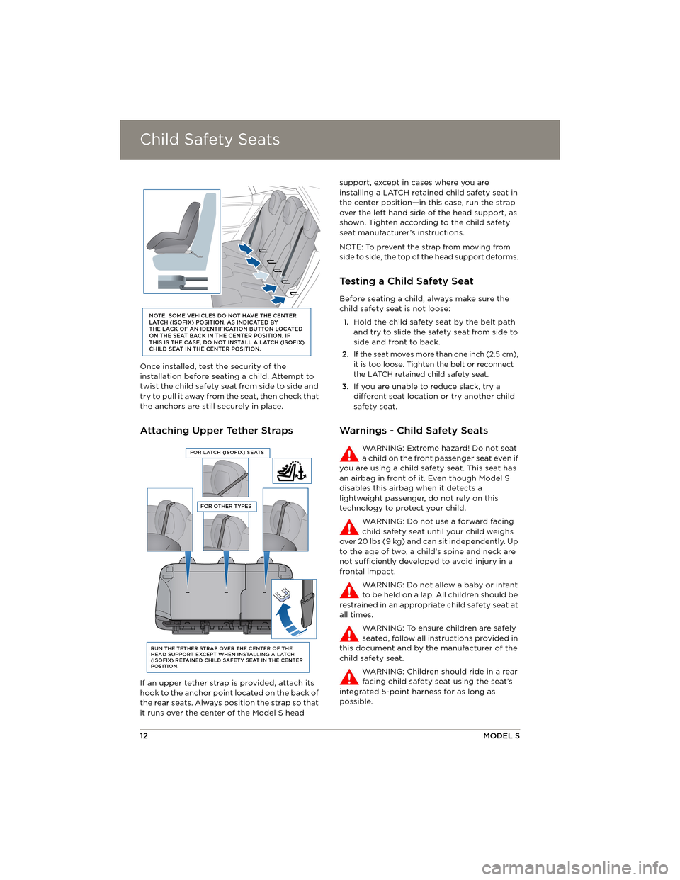 TESLA MODEL S 2014 Quick Guide (North America) Child Safety SeatsChild Safety Seats
12MODEL S
Once installed, test the security of the
installation before seating a child. Attempt to
twist the child safety seat from side to side and
try to pull TESLA MODEL S 2014 Quick Guide (North America) Child Safety SeatsChild Safety Seats
12MODEL S
Once installed, test the security of the
installation before seating a child. Attempt to
twist the child safety seat from side to side and
try to pull