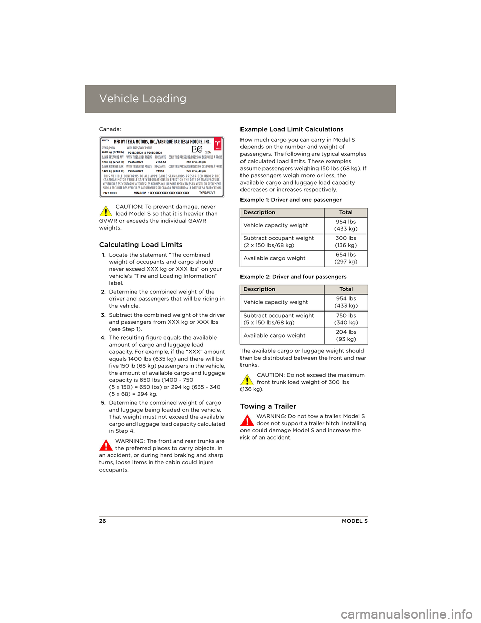 TESLA MODEL S 2014 Quick Guide (North America) Vehicle LoadingVehicle Loading
26MODEL S
Canada:
CAUTION: To prevent damage, never
load Model S so that it is heavier than
GVWR or exceeds the individual GAWR
weights.
Calculating Load Limits
1. Lo TESLA MODEL S 2014 Quick Guide (North America) Vehicle LoadingVehicle Loading
26MODEL S
Canada:
CAUTION: To prevent damage, never
load Model S so that it is heavier than
GVWR or exceeds the individual GAWR
weights.
Calculating Load Limits
1. Lo