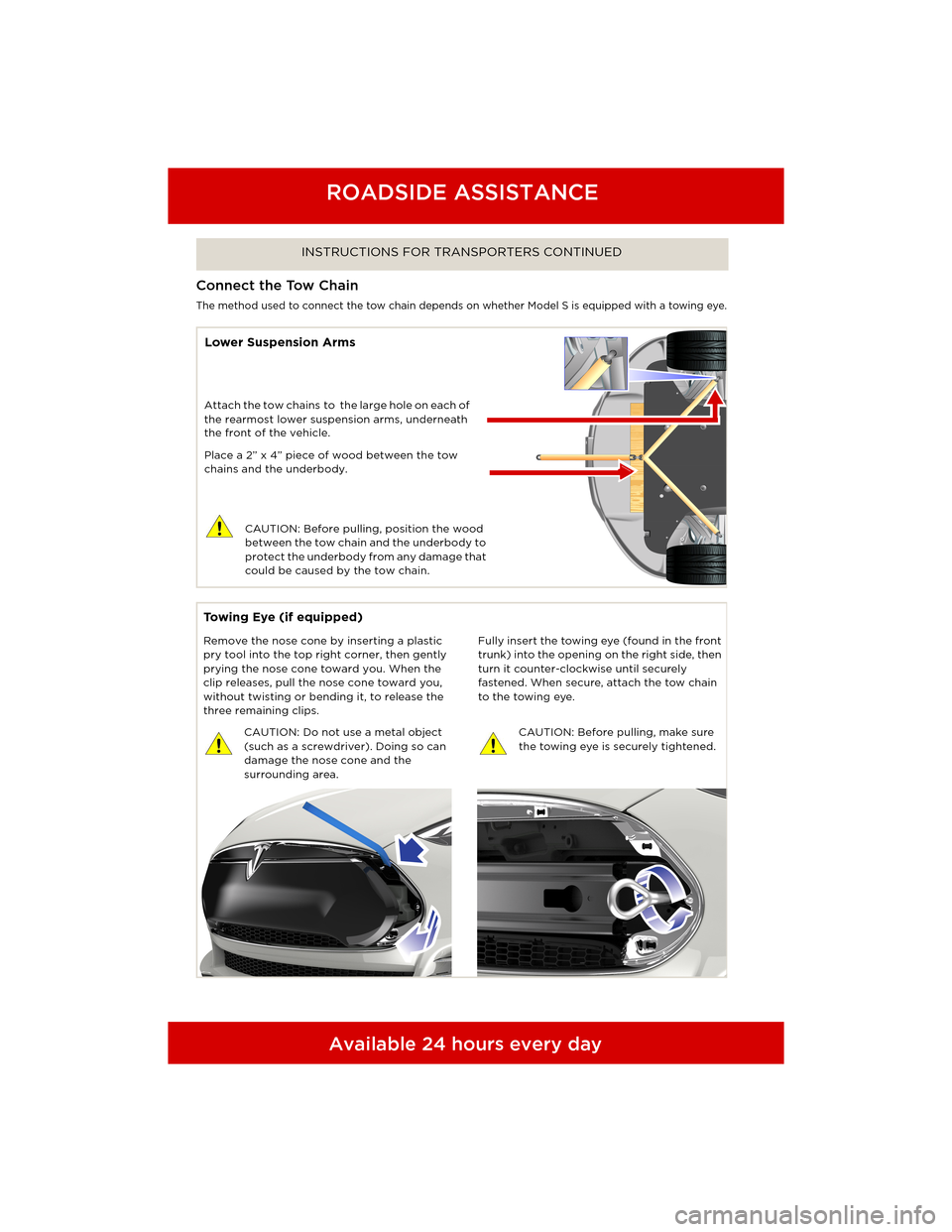 TESLA MODEL S 2014  Quick Guide (North America)  Available 24 hours every day
ROADSIDE ASSISTANCE
INSTRUCTIONS FOR TRANSPORTERS CONTINUED
Connect the Tow Chain
The method used to connect the tow chain depends on whether Model S is equipped with a to