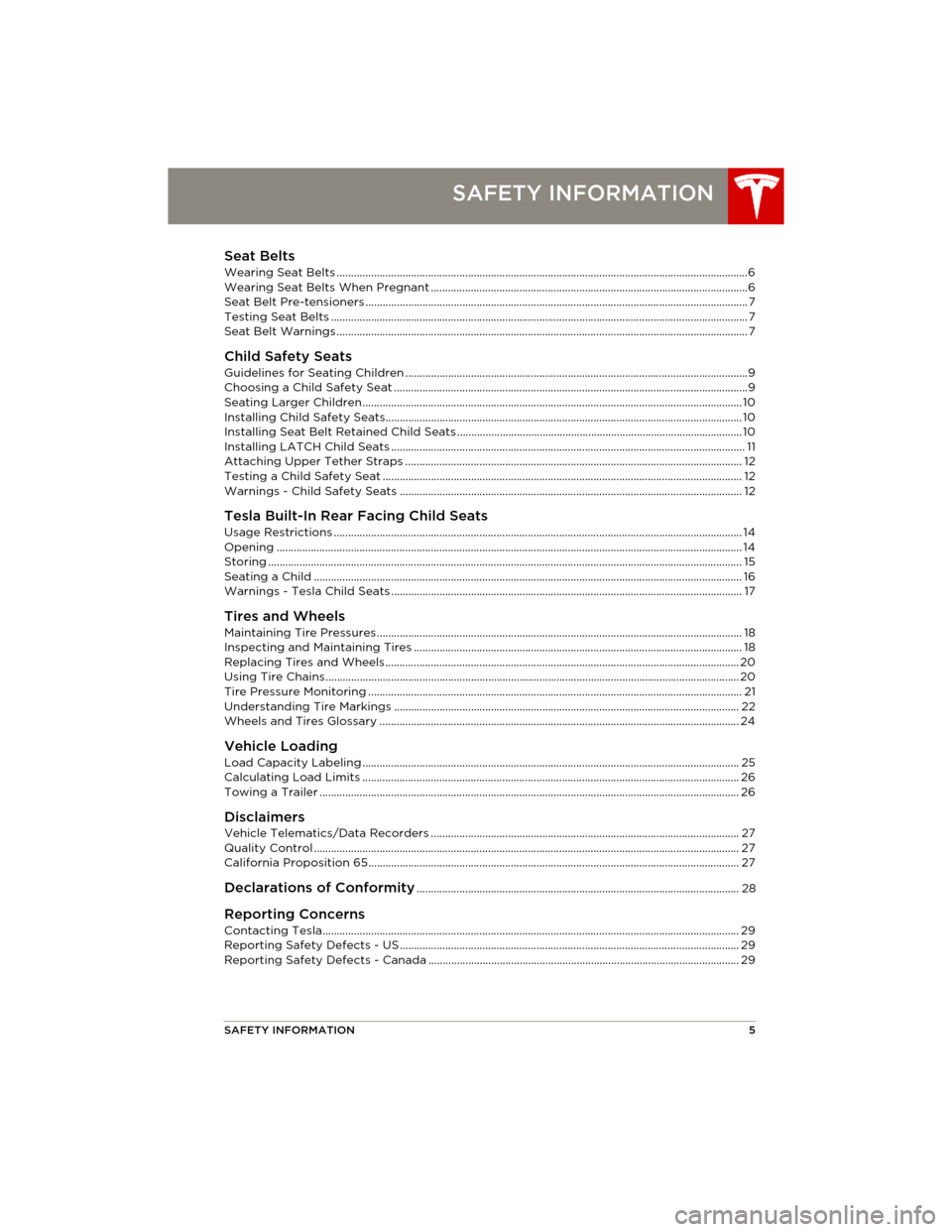 TESLA MODEL S 2014  Quick Guide (North America)  SAFETY INFORMATION5
SAFETY INFORMATION
Seat Belts
Wearing Seat Belts ...................................................................................................................................