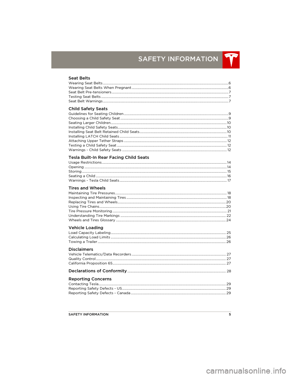 TESLA MODEL S 2014 Quick Guide (North America) SAFETY INFORMATION5
SAFETY INFORMATION
Seat Belts
Wearing Seat Belts ................................................................................................................................... TESLA MODEL S 2014 Quick Guide (North America) SAFETY INFORMATION5
SAFETY INFORMATION
Seat Belts
Wearing Seat Belts ...................................................................................................................................