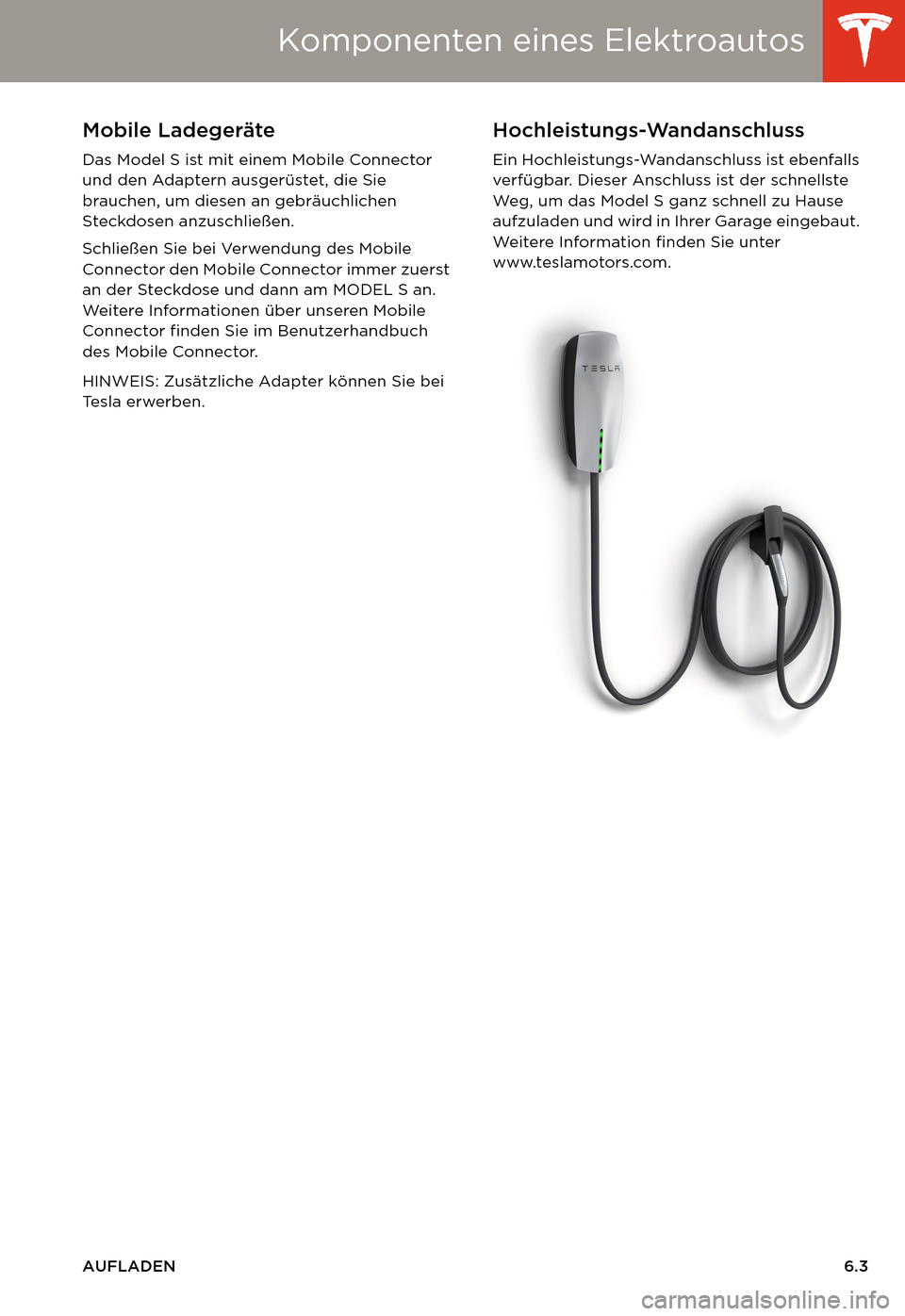 TESLA MODEL S 2014  Betriebsanleitung (in German) Komponenten eines Elektroautos
AUFLADEN6.3
Mobile Ladegeräte
Das Model S ist mit einem Mobile Connector 
und den Adaptern ausgerüstet, die Sie 
brauchen, um diesen an gebräuchlichen 
Steckdosen anz