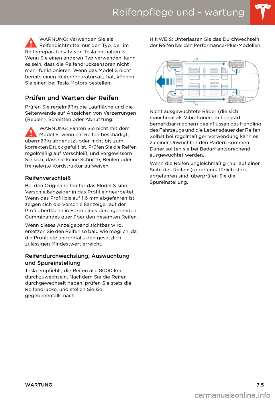 TESLA MODEL S 2014  Betriebsanleitung (in German) Reifenpflege und - wartung
WARTUNG7.5 WARNUNG: Verwenden Sie als 
Reifendichtmittel nur den Typ, der im 
Reifenreparatursatz von Tesla enthalten ist. 
Wenn Sie einen anderen Typ verwenden, kann 
es se