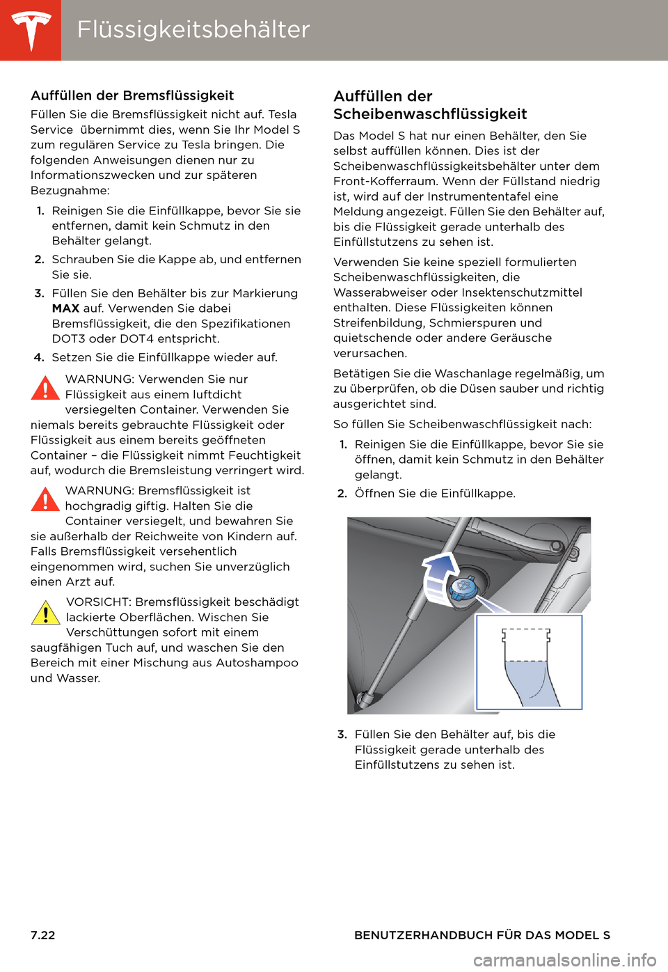 TESLA MODEL S 2014  Betriebsanleitung (in German) FlüssigkeitsbehälterFlüssigkeitsbehälter
7.22 BENUTZERHANDBUCH FÜR DAS MODEL S
Auffüllen der Bremsflüssigkeit
Füllen Sie die Bremsflüssigkeit nicht auf. Tesla 
Service  übernimmt dies, wenn 