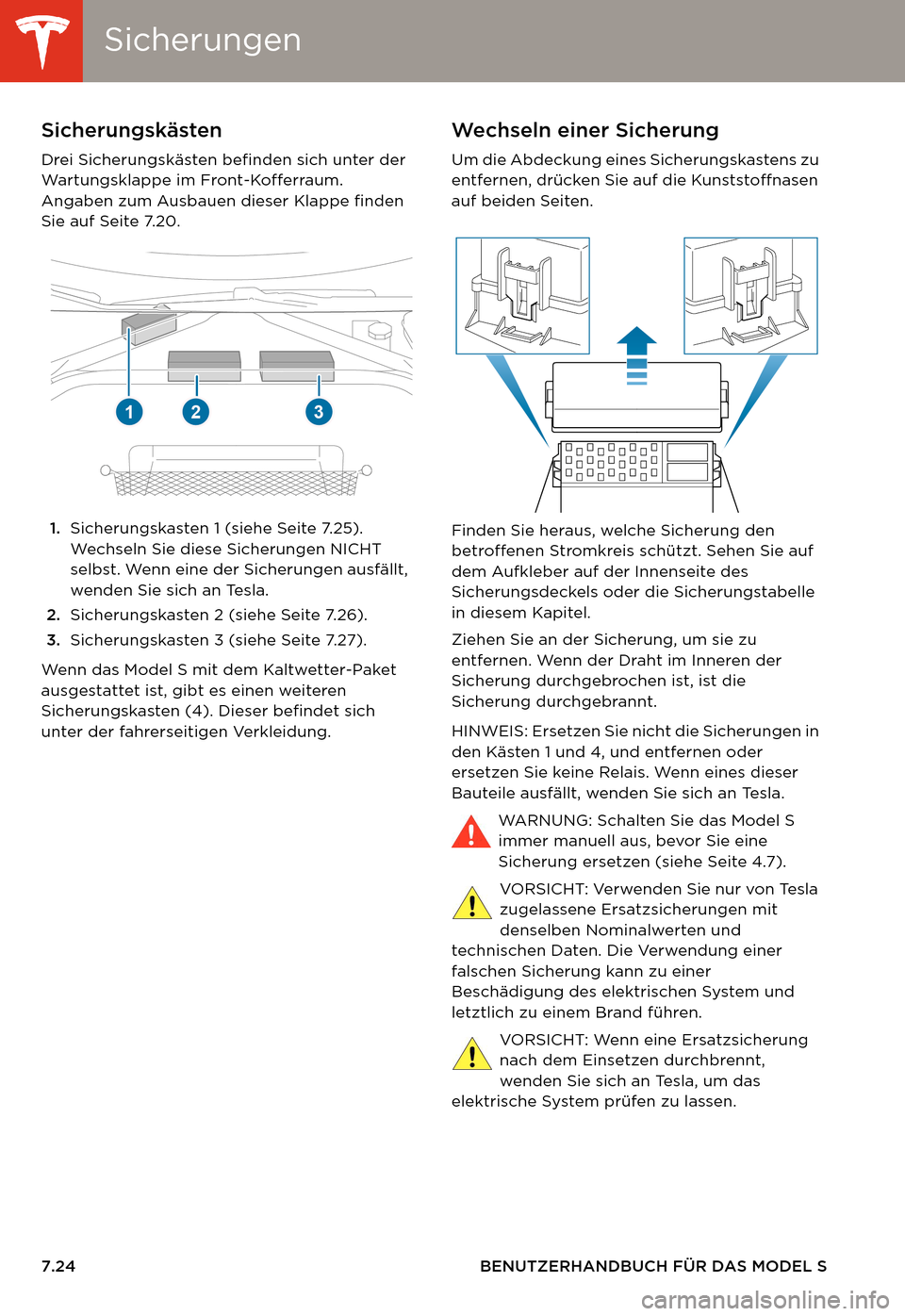 TESLA MODEL S 2014  Betriebsanleitung (in German) SicherungenSicherungen
7.24 BENUTZERHANDBUCH FÜR DAS MODEL S
SicherungenSicherungskästen
Drei Sicherungskästen befinden sich unter der 
Wartungsklappe im Front-Kofferraum. 
Angaben zum Ausbauen die