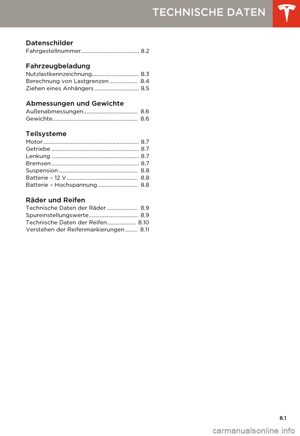 TESLA MODEL S 2014  Betriebsanleitung (in German) 8.1
TECHNISCHE DATEN
Datenschilder
Fahrgestellnummer.......................................... 8.2
Fahrzeugbeladung
Nutzlastkennzeichnung.................................. 8.3
Berechnung von Lastgrenz