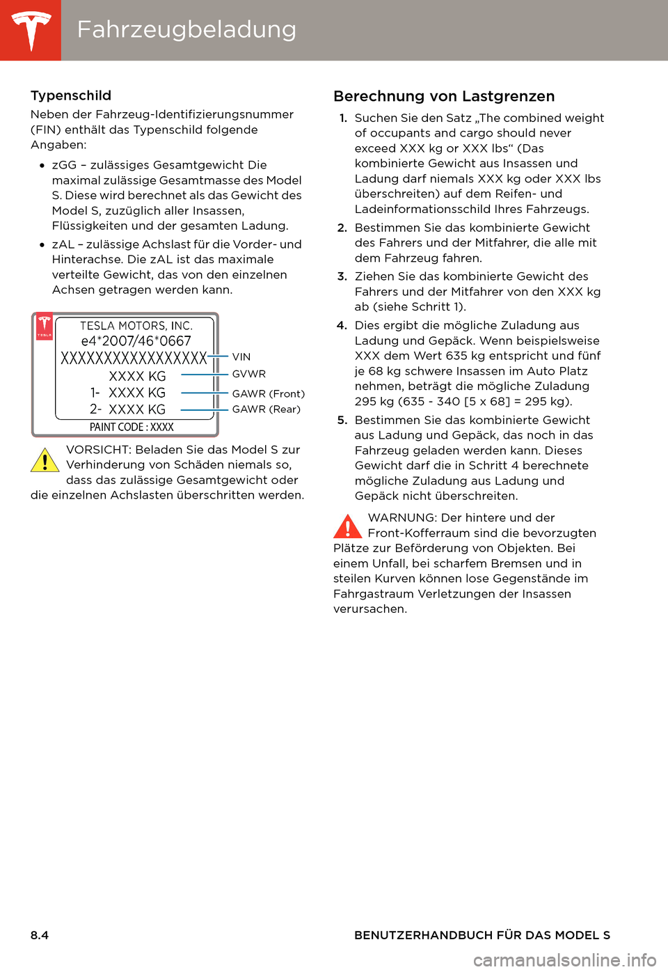 TESLA MODEL S 2014  Betriebsanleitung (in German) FahrzeugbeladungFahrzeugbeladung
8.4 BENUTZERHANDBUCH FÜR DAS MODEL S
Typenschild
Neben der Fahrzeug-Identifizierungsnummer 
(FIN) enthält das Typenschild folgende 
Angaben:
•zGG – zulässiges G