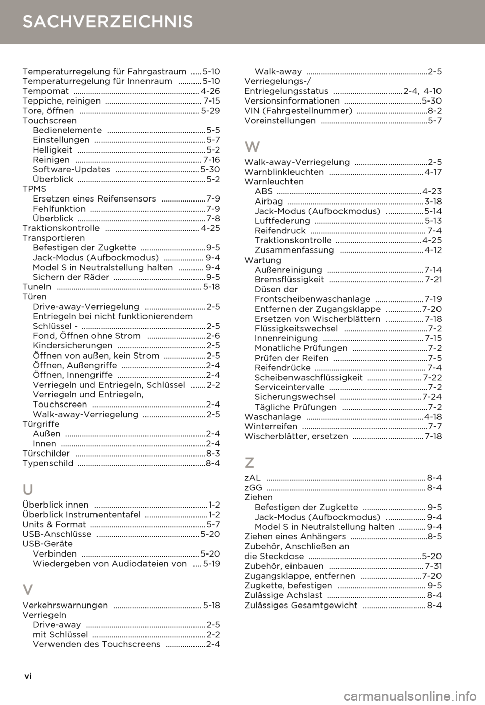 TESLA MODEL S 2014  Betriebsanleitung (in German) vi
SACHVERZEICHNISSACHVERZEICHNIS
Temperaturregelung für Fahrgastraum ..... 5-10
Temperaturregelung für Innenraum ........... 5-10
Tempomat ..........................................................