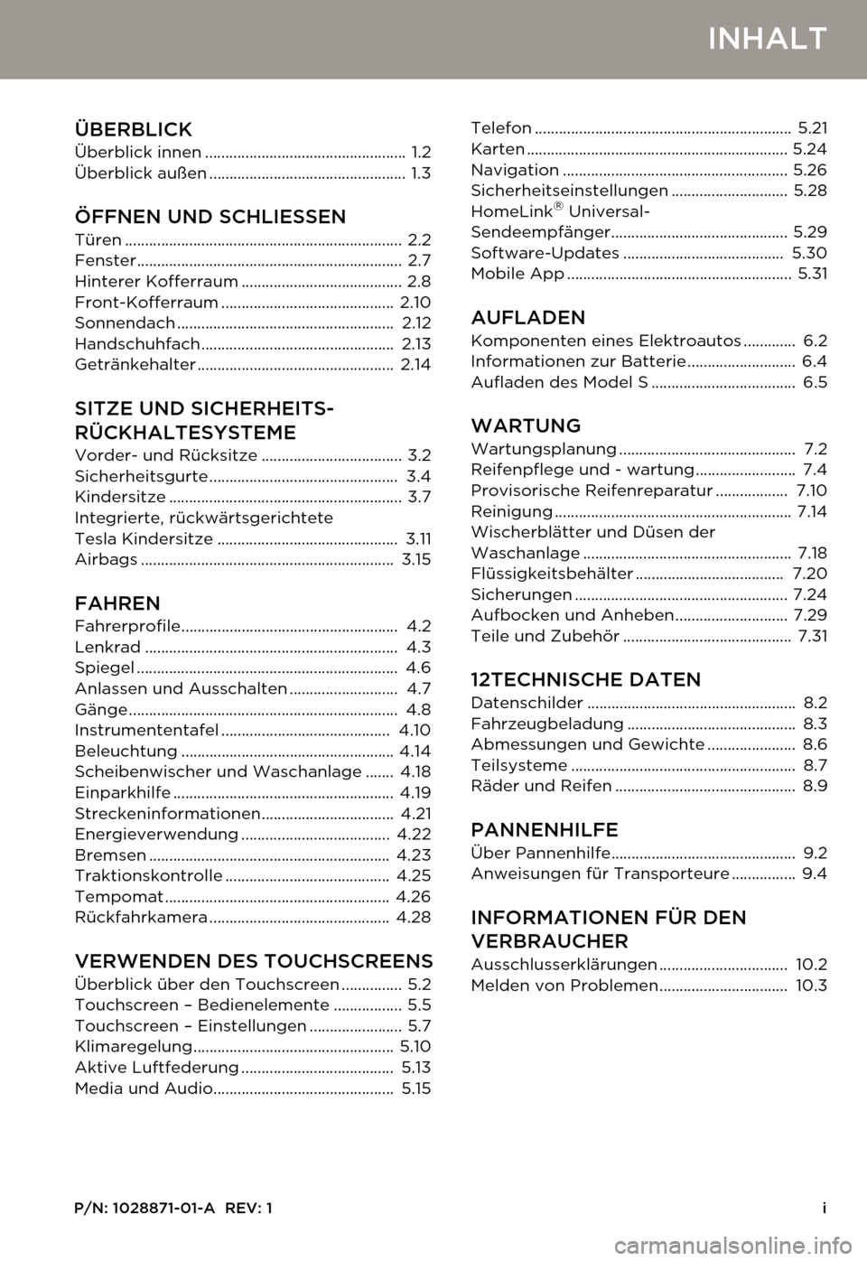TESLA MODEL S 2014 Betriebsanleitung (in German) P/N: 1028871-01-A REV: 1i
INHALT
ÜBERBLICKÜberblick innen .................................................. 1.2
Überblick außen ................................................. 1.3
ÖFFNEN UND TESLA MODEL S 2014 Betriebsanleitung (in German) P/N: 1028871-01-A REV: 1i
INHALT
ÜBERBLICKÜberblick innen .................................................. 1.2
Überblick außen ................................................. 1.3
ÖFFNEN UND