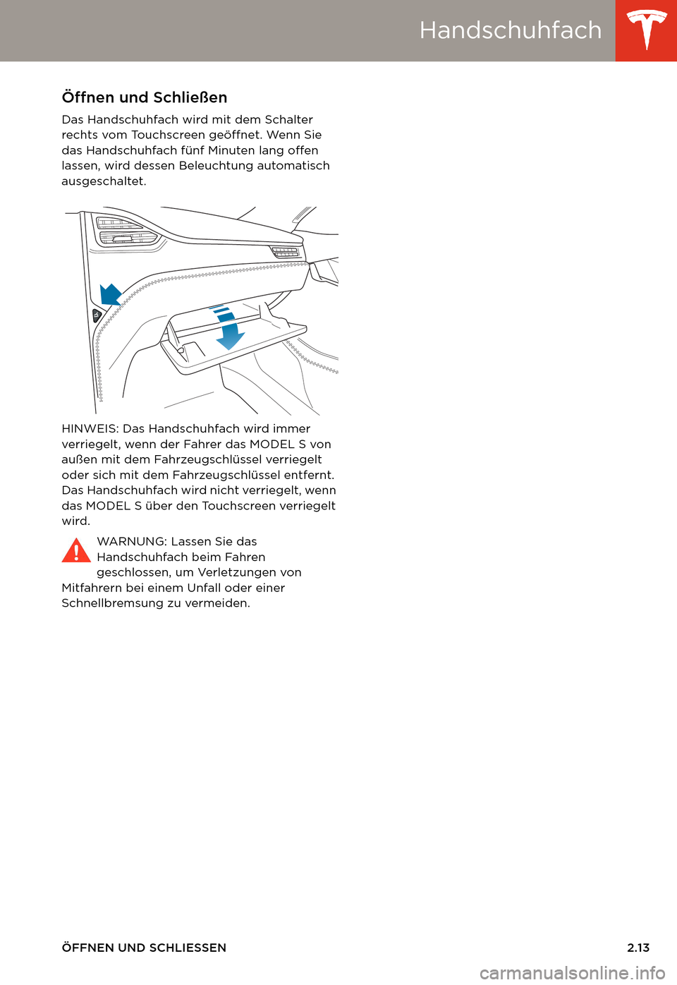 TESLA MODEL S 2014  Betriebsanleitung (in German) Handschuhfach
ÖFFNEN UND SCHLIESSEN2.13
HandschuhfachÖffnen und Schließen
Das Handschuhfach wird mit dem Schalter 
rechts vom Touchscreen geöffnet. Wenn Sie 
das Handschuhfach fünf Minuten lang o