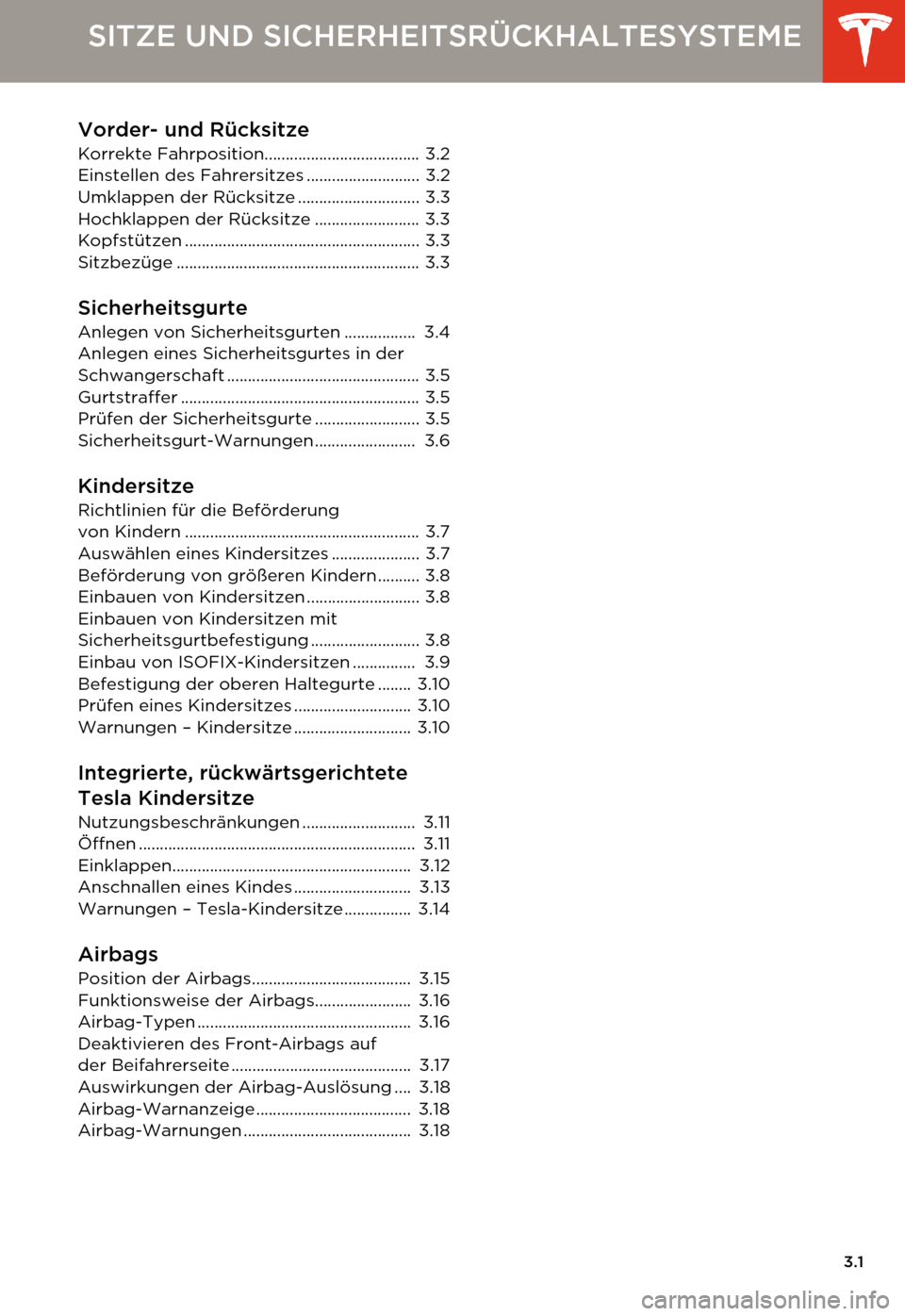 TESLA MODEL S 2014  Betriebsanleitung (in German) 3.1
SITZE UND SICHERHEITSRÜCKHALTESYSTEME
Vorder- und Rücksitze
Korrekte Fahrposition..................................... 3.2
Einstellen des Fahrersitzes ........................... 3.2
Umklappen d