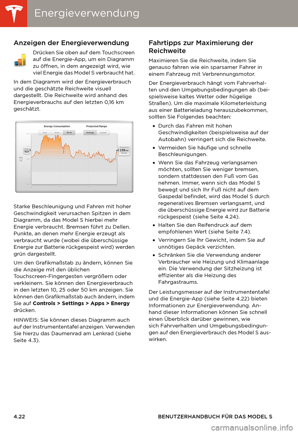 TESLA MODEL S 2014  Betriebsanleitung (in German) EnergieverwendungEnergieverwendung
4.22 BENUTZERHANDBUCH FÜR DAS MODEL S
EnergieverwendungAnzeigen der Energieverwendung
Drücken Sie oben auf dem Touchscreen 
auf die Energie-App, um ein Diagramm 
z