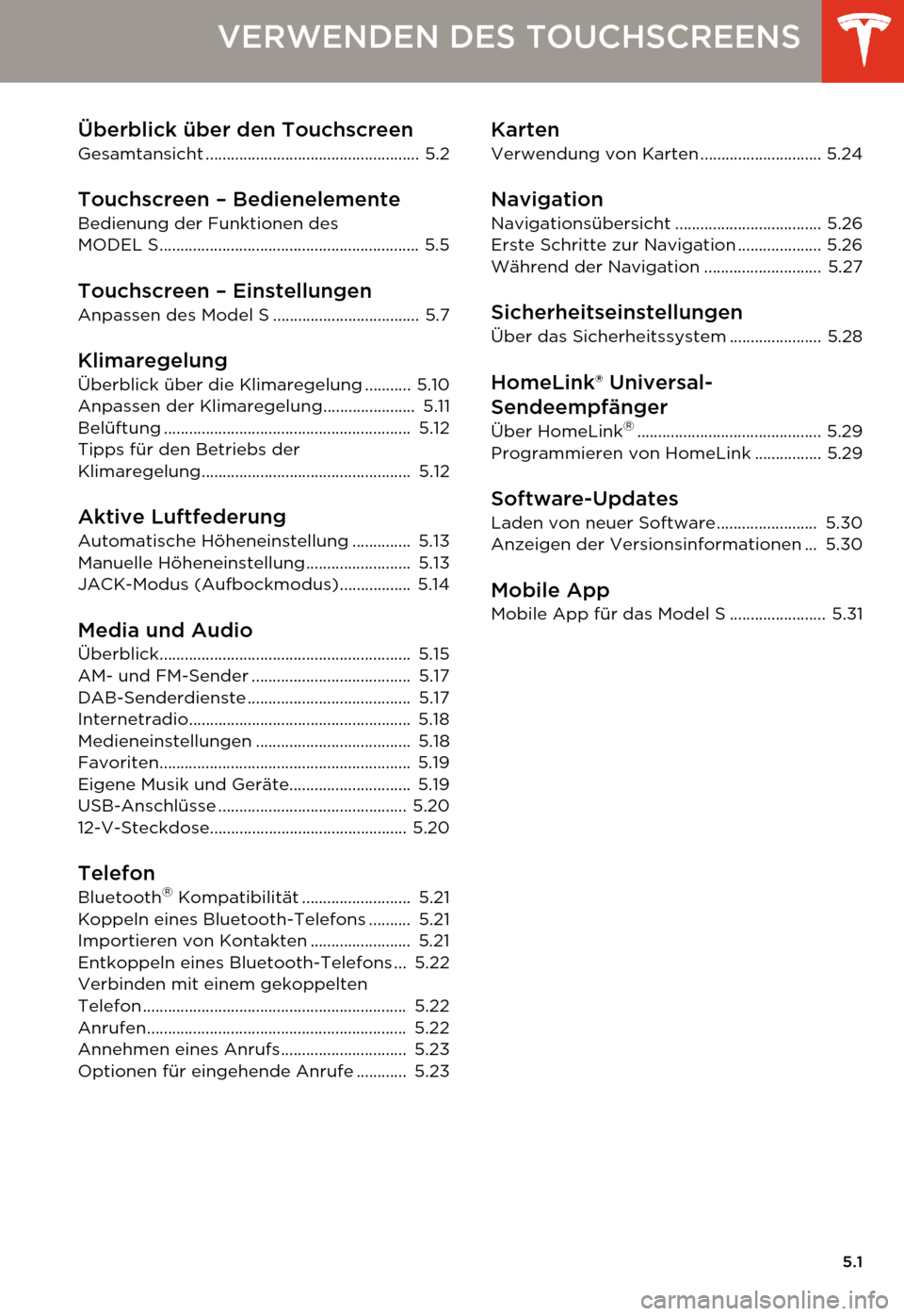 TESLA MODEL S 2014  Betriebsanleitung (in German) 5.1
VERWENDEN DES TOUCHSCREENS
Überblick über den Touchscreen
Gesamtansicht ................................................... 5.2
Touchscreen – Bedienelemente
Bedienung der Funktionen des 
MODEL