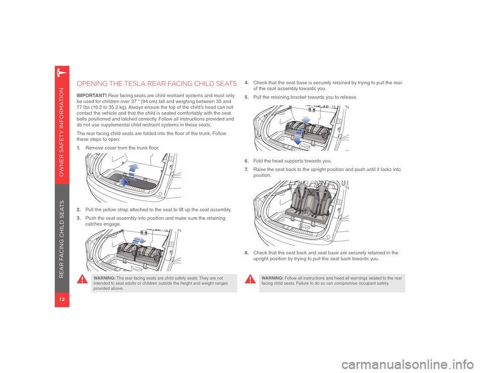 TESLA MODEL S 2012  Owner Safety Information 12OWNER SAFETY INFORMATIONREAR FACING CHILD SEATS
  OPENING THE TESLA REAR FACING CHILD SEATSIMPORTANT! Rear facing seats are child restraint systems and must only 
be used for children over 37 “ (9