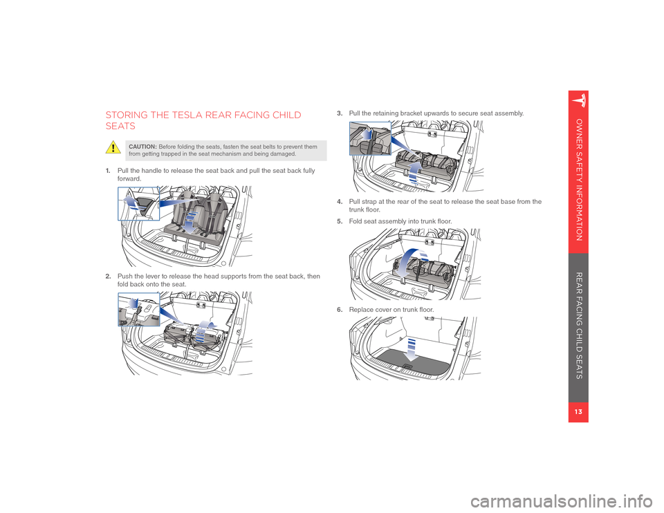 TESLA MODEL S 2012  Owner Safety Information 13OWNER SAFETY INFORMATION
STORING THE TESLA REAR FACING CHILD 
SEATS
CAUTION:
 Before folding the seats, fasten the seat belts to prevent them 
from getting trapped in the seat mechanism and being da