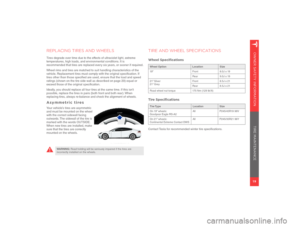 TESLA MODEL S 2012  Owner Safety Information 19OWNER SAFETY INFORMATION
TIRE AND WHEEL SPECIFICATIONSWheel Speciﬁ cationsWheel Option Location Size
19” Front 8.0J x 19
Rear 9.0J x 19
21” Silver
21” GreyFront 8.5J x 21
Rear 8.5J x 21
Road