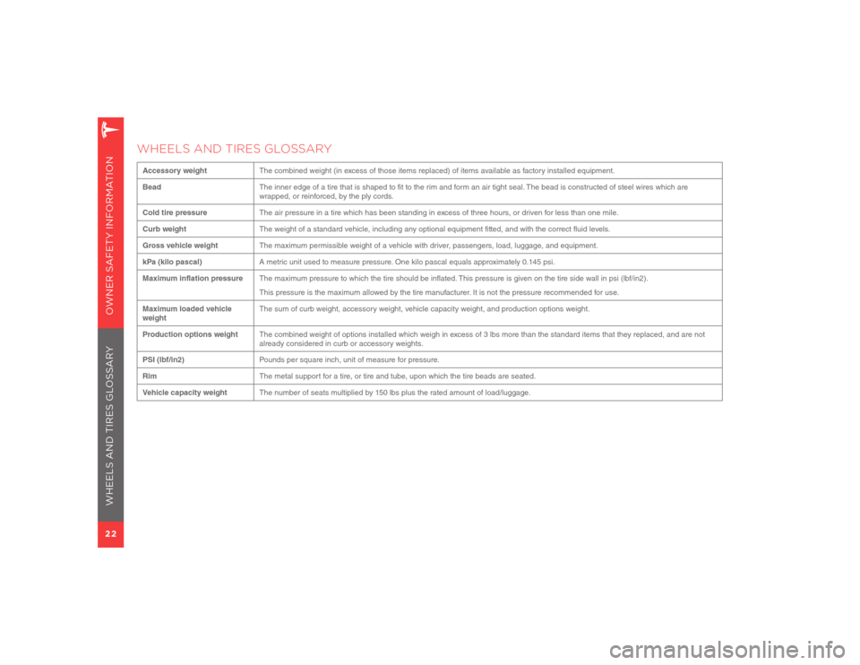 TESLA MODEL S 2012  Owner Safety Information 22OWNER SAFETY INFORMATION
WHEELS AND TIRES GLOSSARYAccessory weightThe combined weight (in excess of those items replaced) of items available as factory installed equipment.
BeadThe inner edge of a t