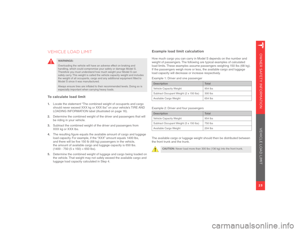 TESLA MODEL S 2012 Owner Safety Information 23OWNER SAFETY INFORMATION
VEHICLE LOAD LIMIT
WARNINGS:
Overloading the vehicle will have an adverse effect on braking and
handling, which could compromise your safety or damage Model S.
Therefor TESLA MODEL S 2012 Owner Safety Information 23OWNER SAFETY INFORMATION
VEHICLE LOAD LIMIT
WARNINGS:
Overloading the vehicle will have an adverse effect on braking and
handling, which could compromise your safety or damage Model S.
Therefor