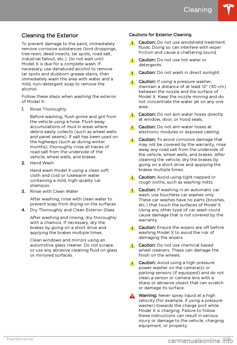 TESLA MODEL X 2020  Owners Manual Cleaning
Cleaning the Exterior To prevent damage to the paint, immediately
remove corrosive substances (bird droppings, tree resin, dead insects, tar spots, road salt,
industrial fallout, etc.). Do no