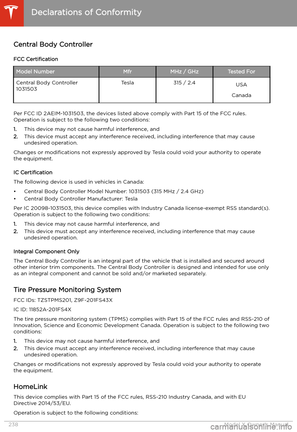 TESLA MODEL X 2020  Owners Manual Central Body Controller
FCC  CertificationModel NumberMfrMHz / GHzTested ForCentral Body Controller
1031503Tesla315 / 2.4USA
Canada
Per FCC ID 2AEIM-1031503, the devices listed above comply with Part 