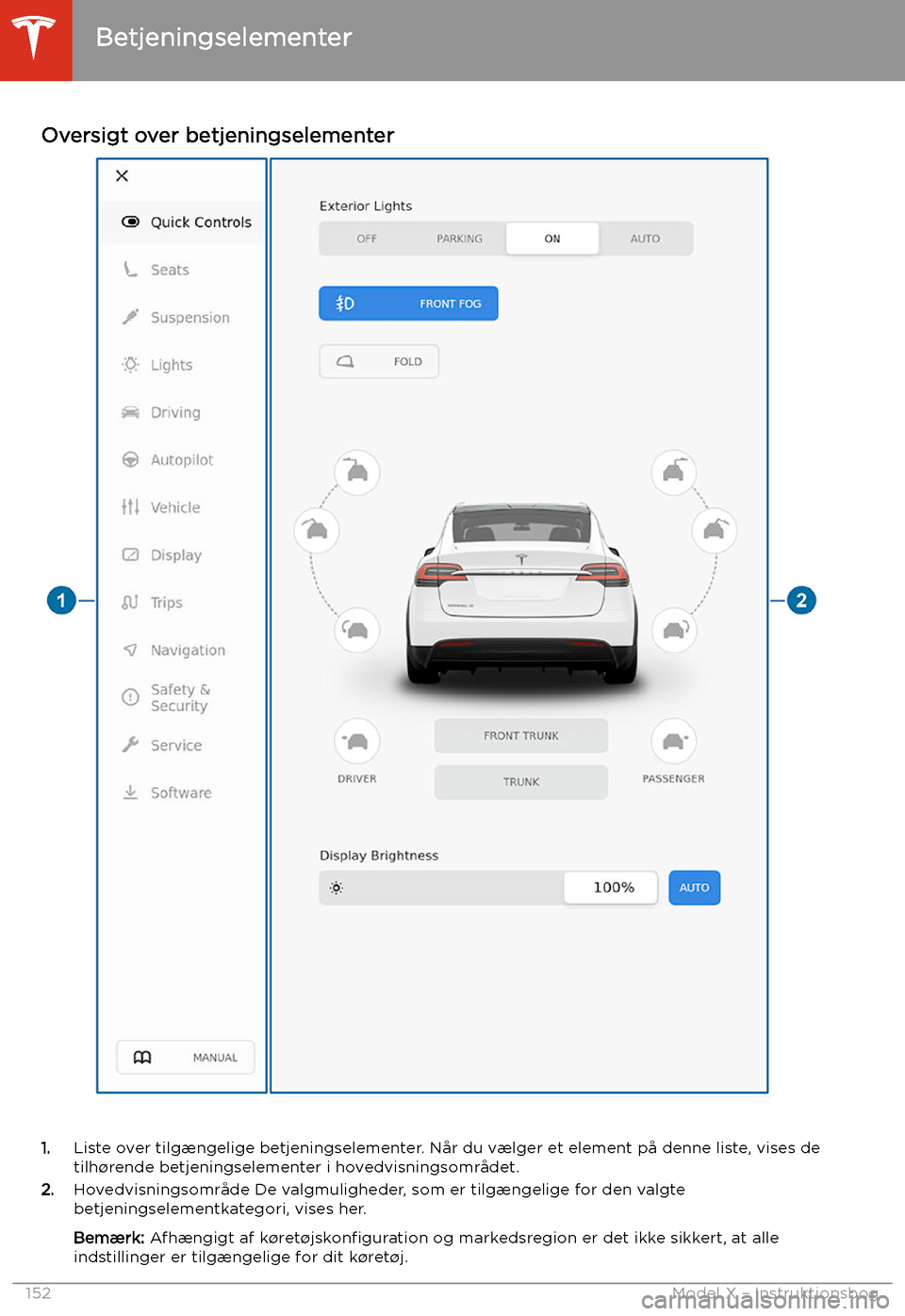TESLA MODEL X 2020 Instruktionsbog (in Danish) Oversigt over betjeningselementer
1.Liste over tilg TESLA MODEL X 2020 Instruktionsbog (in Danish) Oversigt over betjeningselementer
1.Liste over tilg