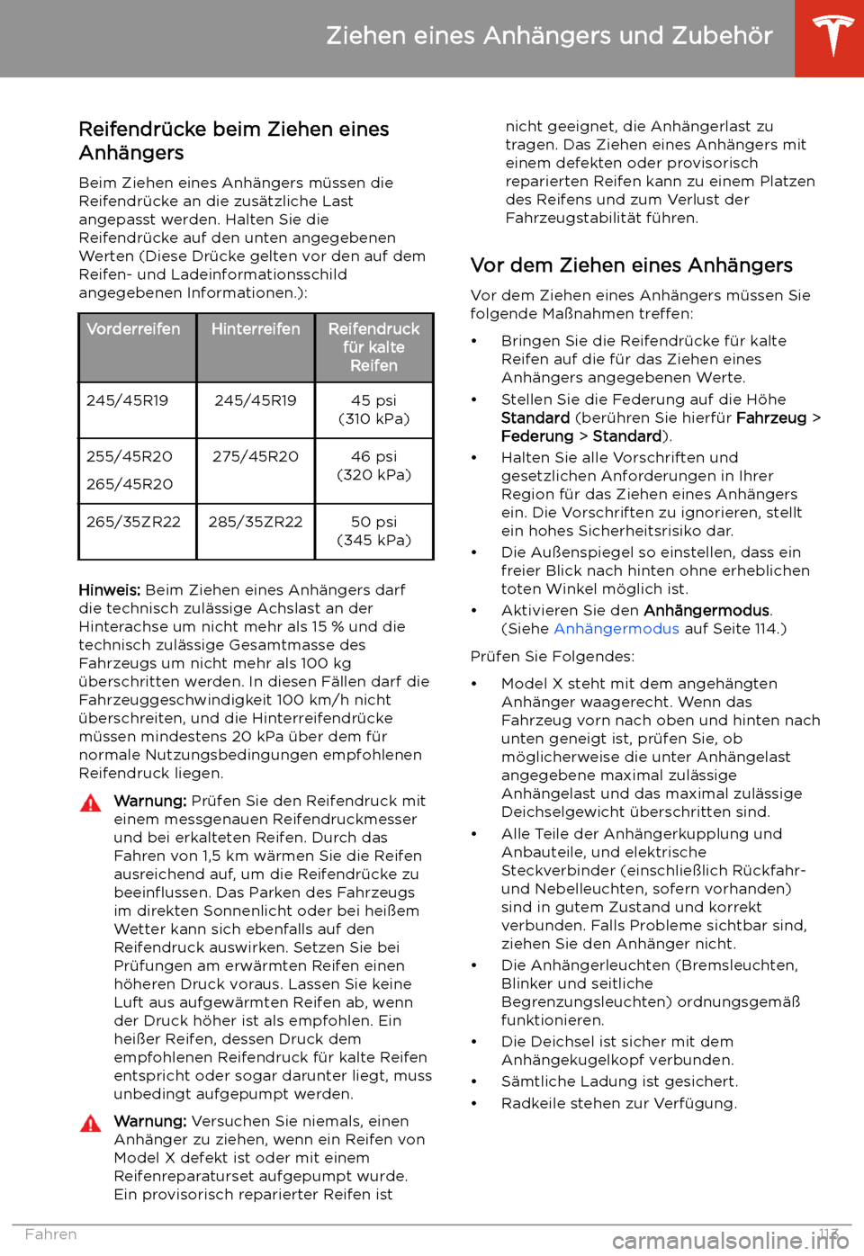 TESLA MODEL X 2020  Betriebsanleitung (in German) Reifendr