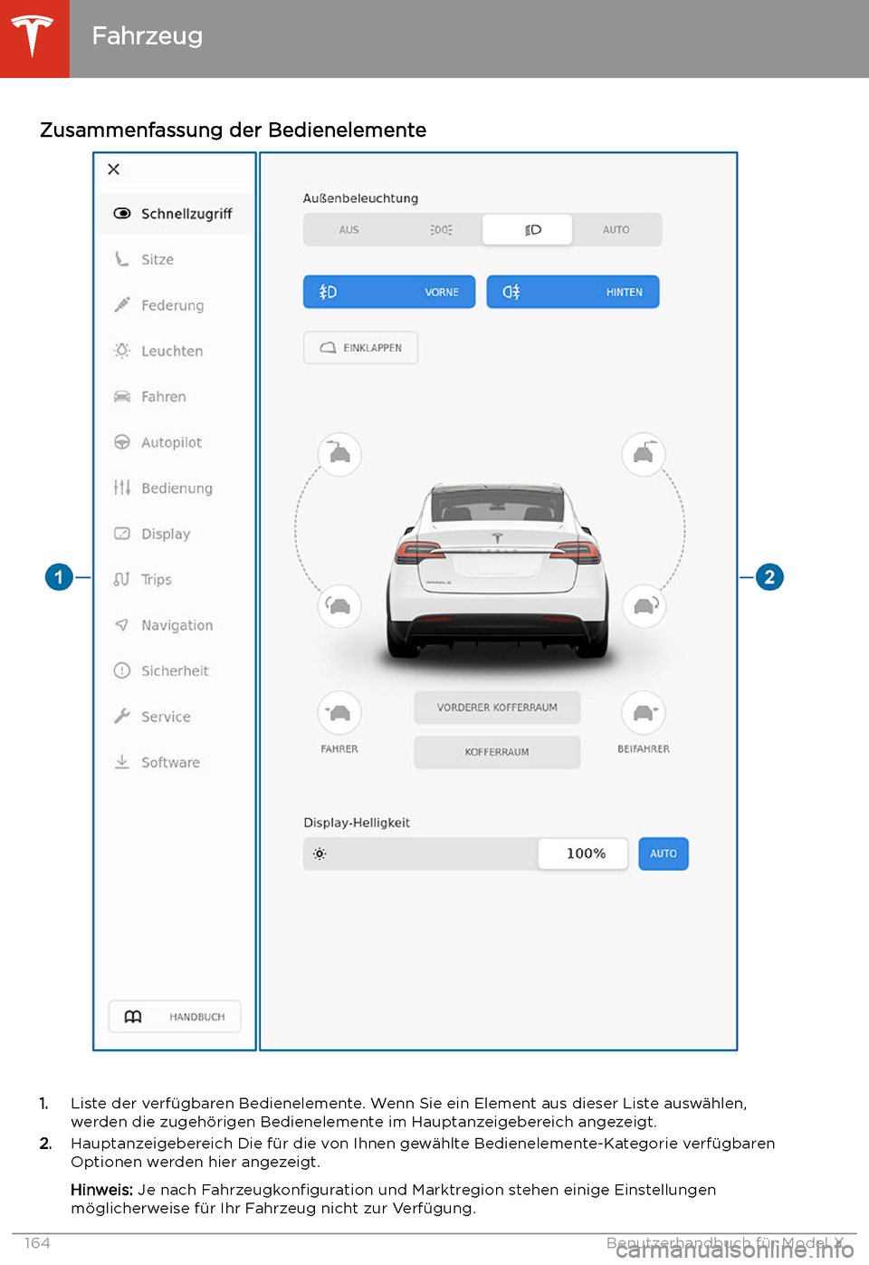 TESLA MODEL X 2020 Betriebsanleitung (in German) Zusammenfassung der Bedienelemente
1.Liste der verf TESLA MODEL X 2020 Betriebsanleitung (in German) Zusammenfassung der Bedienelemente
1.Liste der verf