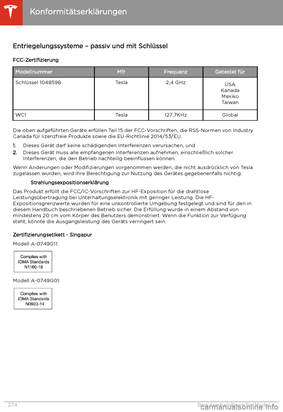 TESLA MODEL X 2020 Betriebsanleitung (in German) Konformit TESLA MODEL X 2020 Betriebsanleitung (in German) Konformit