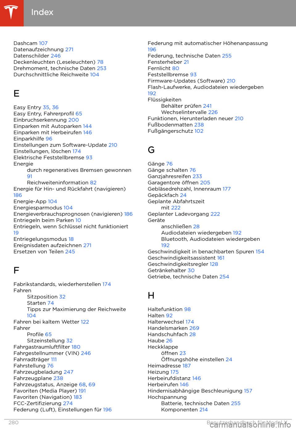 TESLA MODEL X 2020  Betriebsanleitung (in German) Dashcam 107
Datenaufzeichnung  271
Datenschilder  246
Deckenleuchten (Leseleuchten)  78
Drehmoment, technische Daten  253
Durchschnittliche Reichweite  104
E
Easy Entry  35, 36
Easy Entry,  Fahrerprof