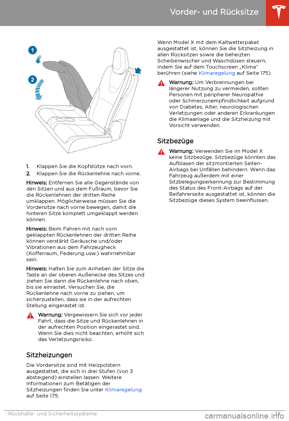 TESLA MODEL X 2020 Betriebsanleitung (in German) 1.Klappen Sie die Kopfst TESLA MODEL X 2020 Betriebsanleitung (in German) 1.Klappen Sie die Kopfst