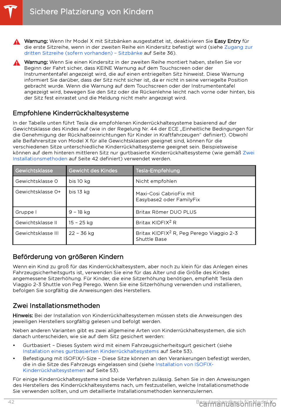 TESLA MODEL X 2020  Betriebsanleitung (in German) Warnung: Wenn Ihr Model X mit Sitzb
