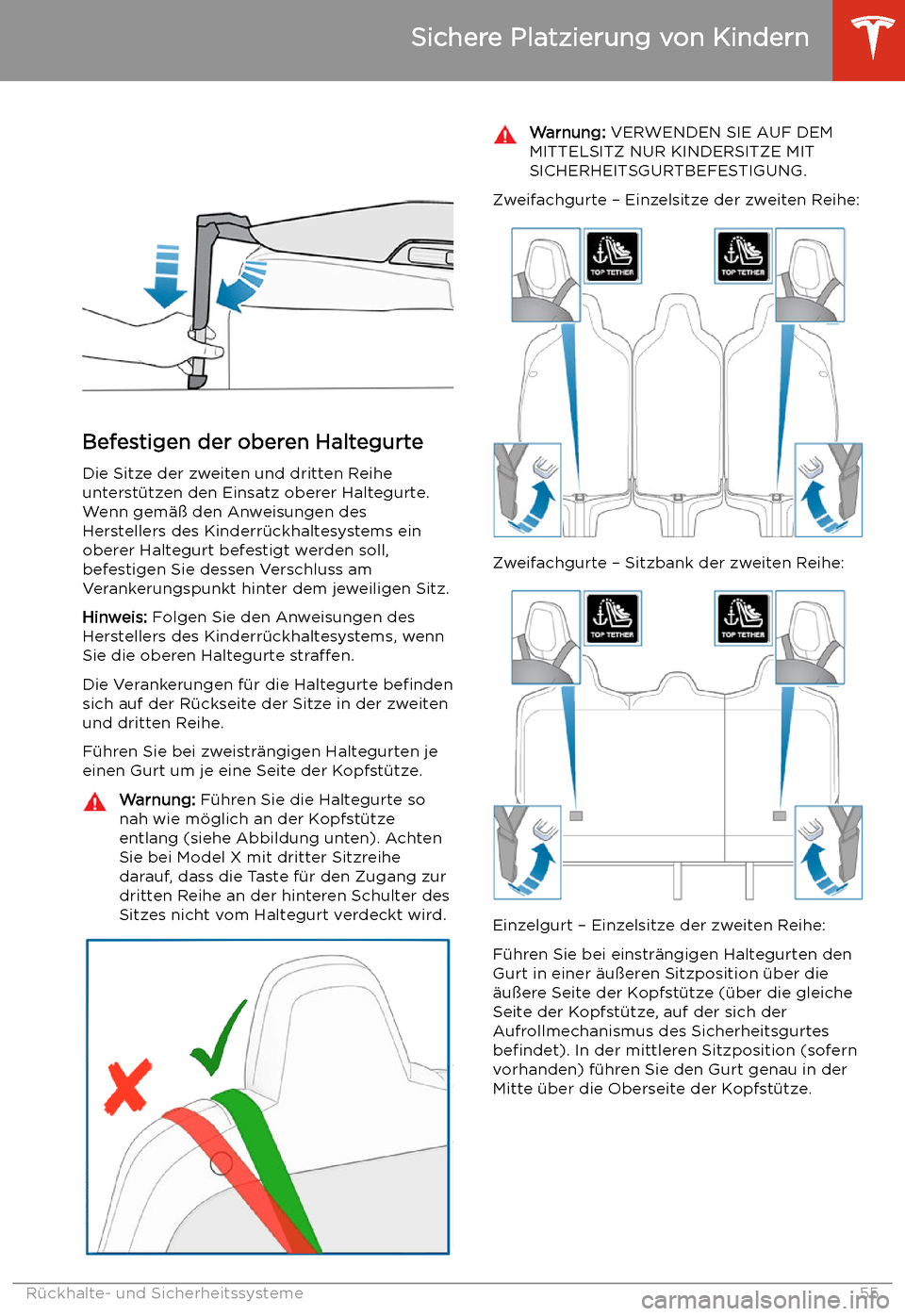 TESLA MODEL X 2020 Betriebsanleitung (in German) Befestigen der oberen Haltegurte
Die Sitze der zweiten und dritten Reihe
unterst TESLA MODEL X 2020 Betriebsanleitung (in German) Befestigen der oberen Haltegurte
Die Sitze der zweiten und dritten Reihe
unterst