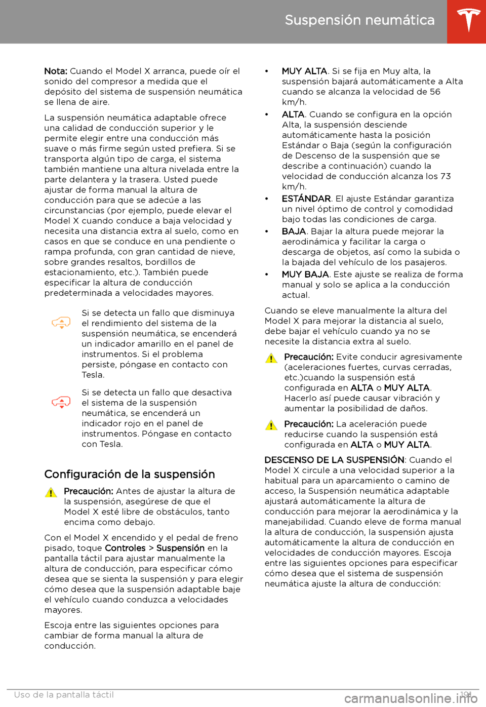 TESLA MODEL X 2020 Manual del propietario (in Spanish) Suspensi TESLA MODEL X 2020 Manual del propietario (in Spanish) Suspensi