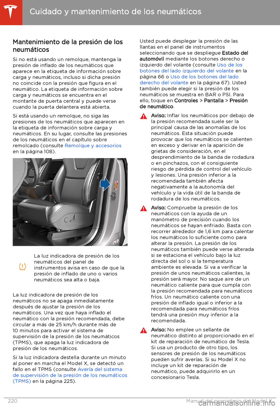 TESLA MODEL X 2020 Manual del propietario (in Spanish) Cuidado y mantenimiento de los neum TESLA MODEL X 2020 Manual del propietario (in Spanish) Cuidado y mantenimiento de los neum