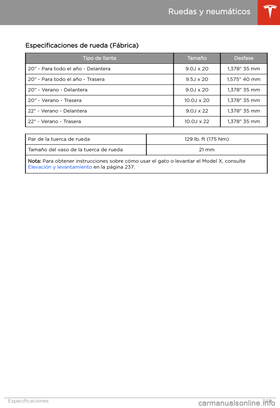 TESLA MODEL X 2020  Manual del propietario (in Spanish) Ruedas y neum
