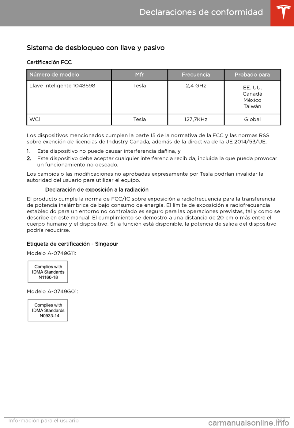 TESLA MODEL X 2020  Manual del propietario (in Spanish) Declaraciones de conformidad
Sistema de desbloqueo con llave y pasivo
Certi