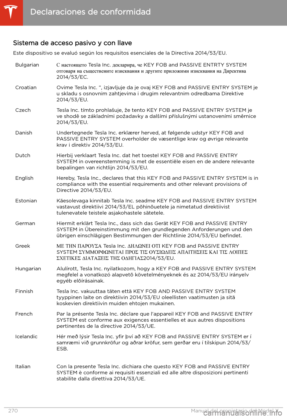 TESLA MODEL X 2020  Manual del propietario (in Spanish) Sistema de acceso pasivo y con llaveEste dispositivo se evalu