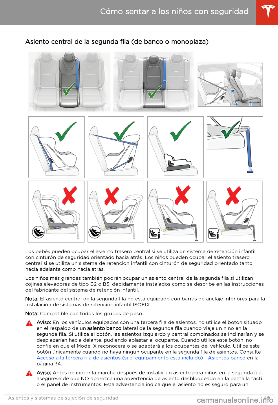 TESLA MODEL X 2020  Manual del propietario (in Spanish) Asiento central de la segunda 