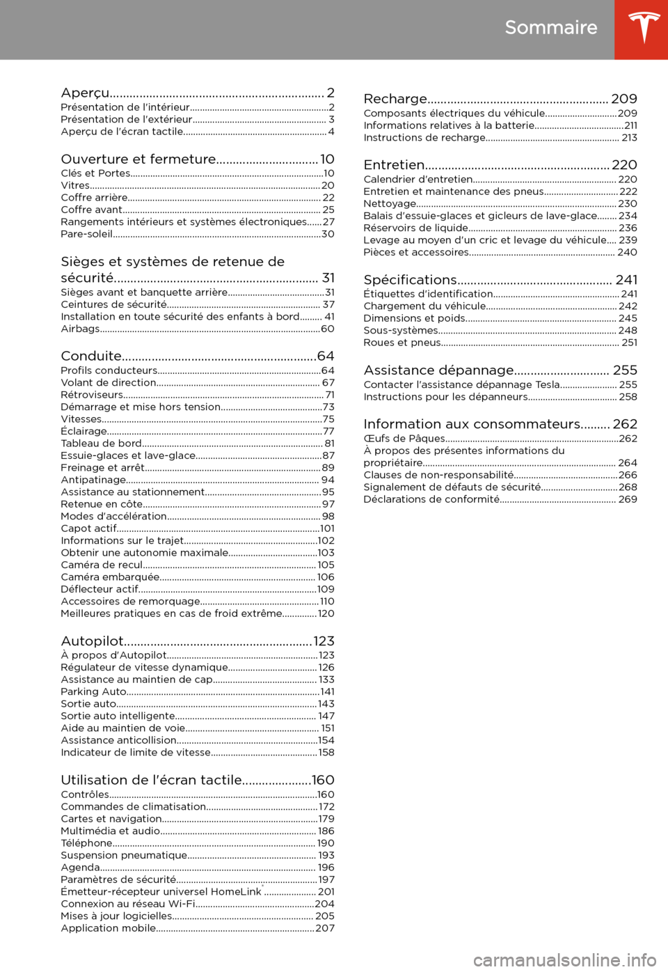 TESLA MODEL X 2020  Manuel du propriétaire (in French) Sommaire
Aper