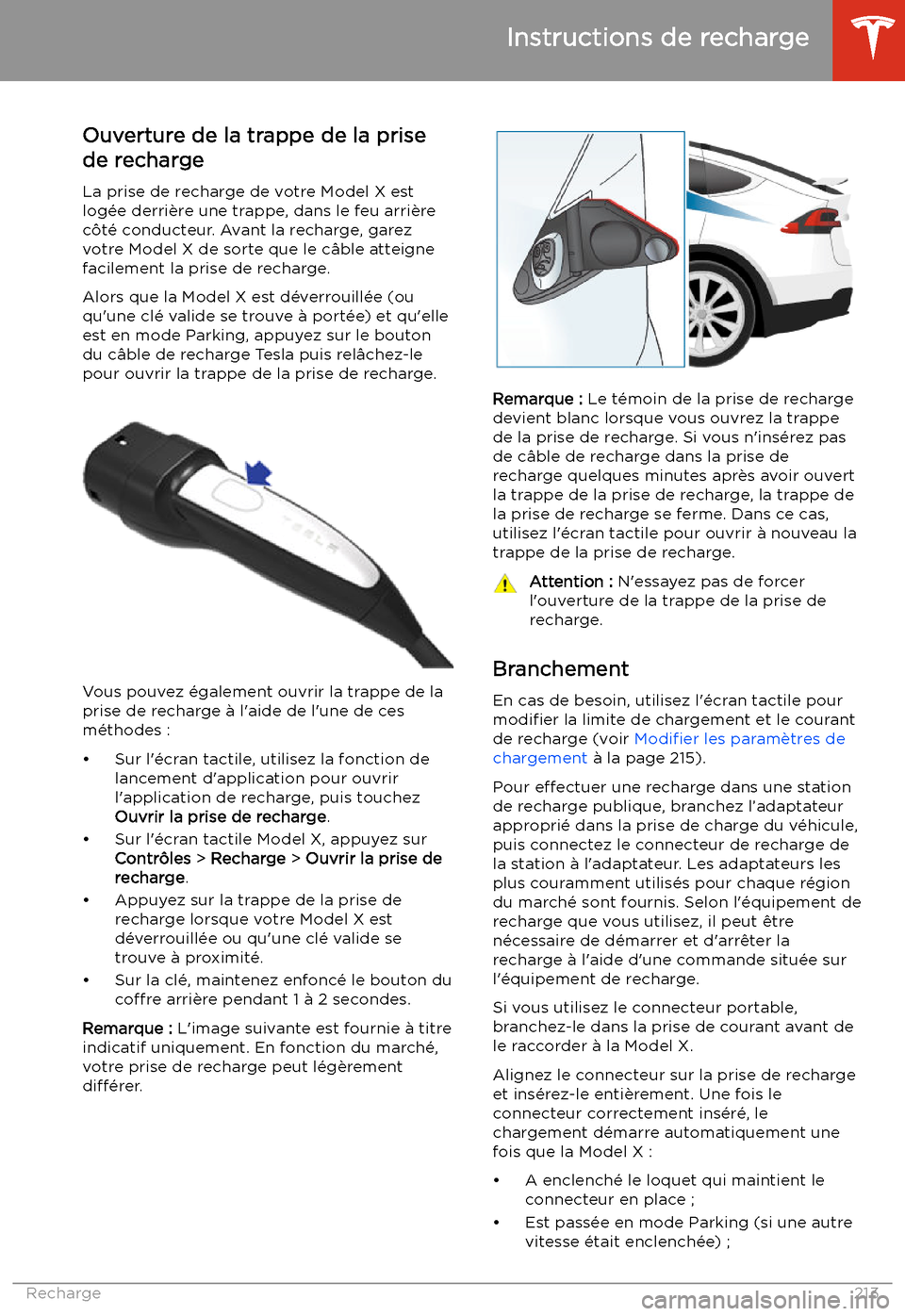 TESLA MODEL X 2020  Manuel du propriétaire (in French) Instructions de recharge
Ouverture de la trappe de la prise
de recharge
La prise de recharge de votre Model X estlog