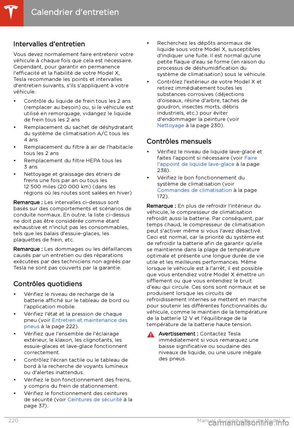 TESLA MODEL X 2020  Manuel du propriétaire (in French) Entretien
Calendrier d