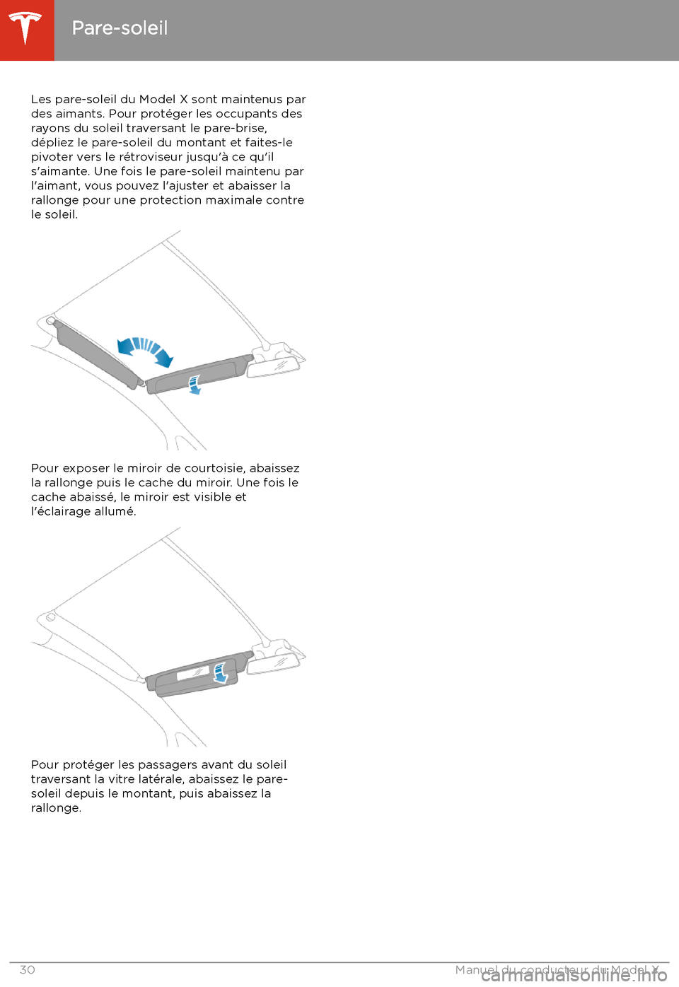 TESLA MODEL X 2020  Manuel du propriétaire (in French) Pare-soleil
Les pare-soleil du Model X sont maintenus par des aimants. Pour prot