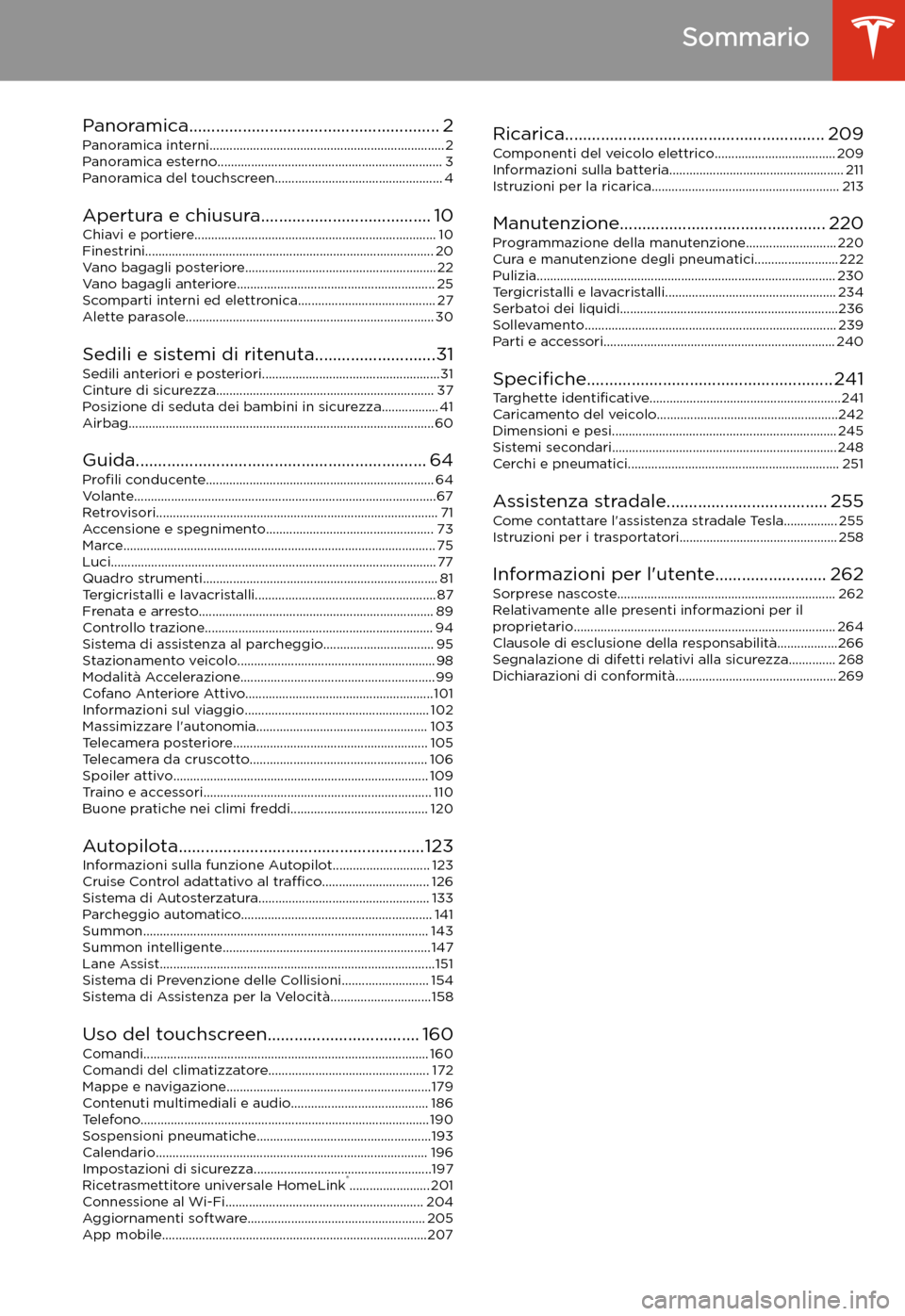 TESLA MODEL X 2020  Manuale del proprietario (in Italian) Sommario
Panoramica........................................................ 2 Panoramica interni...................................................................... 2Panoramica esterno..............