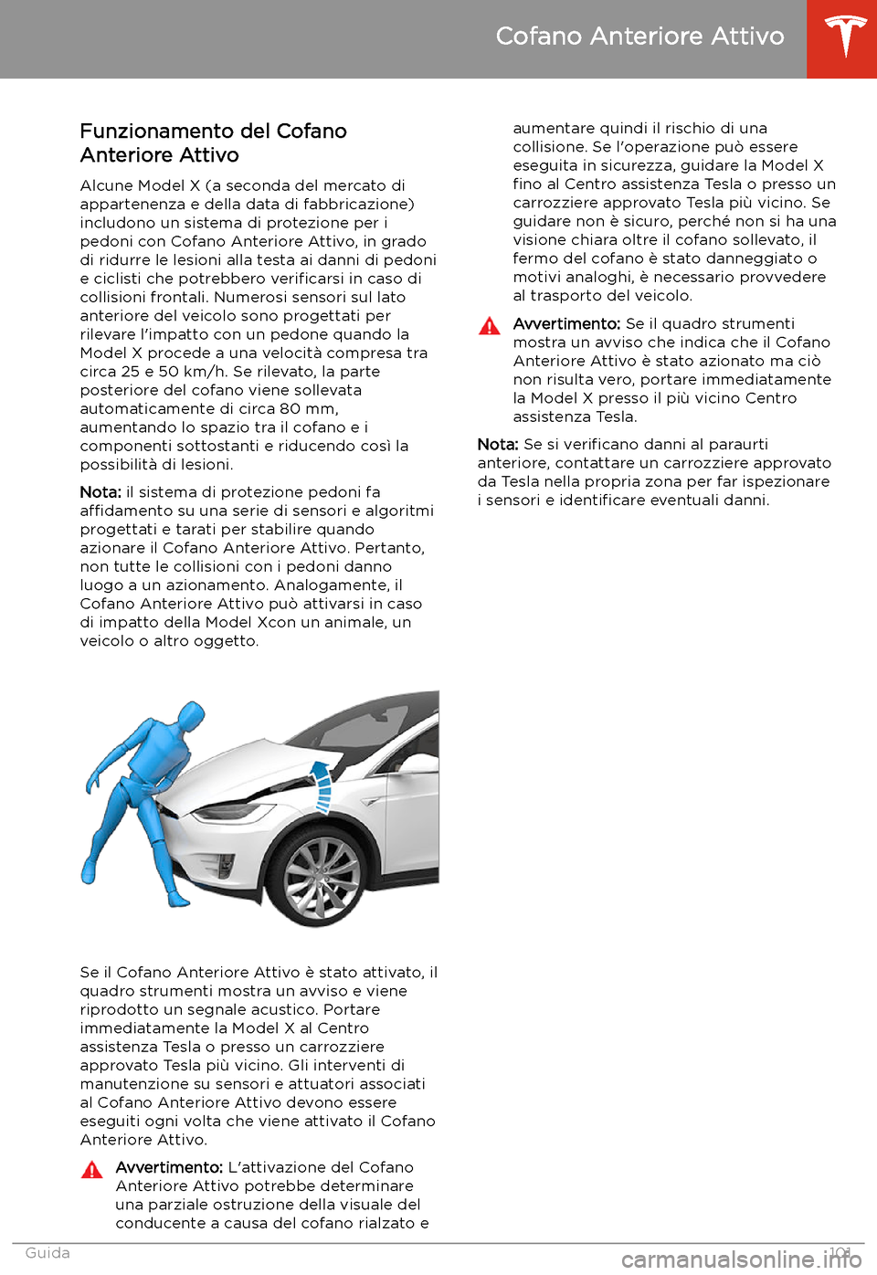 TESLA MODEL X 2020  Manuale del proprietario (in Italian) Cofano Anteriore Attivo
Funzionamento del Cofano
Anteriore Attivo
Alcune Model X (a seconda del mercato di appartenenza e della data di fabbricazione)
includono un sistema di protezione per i
pedoni c