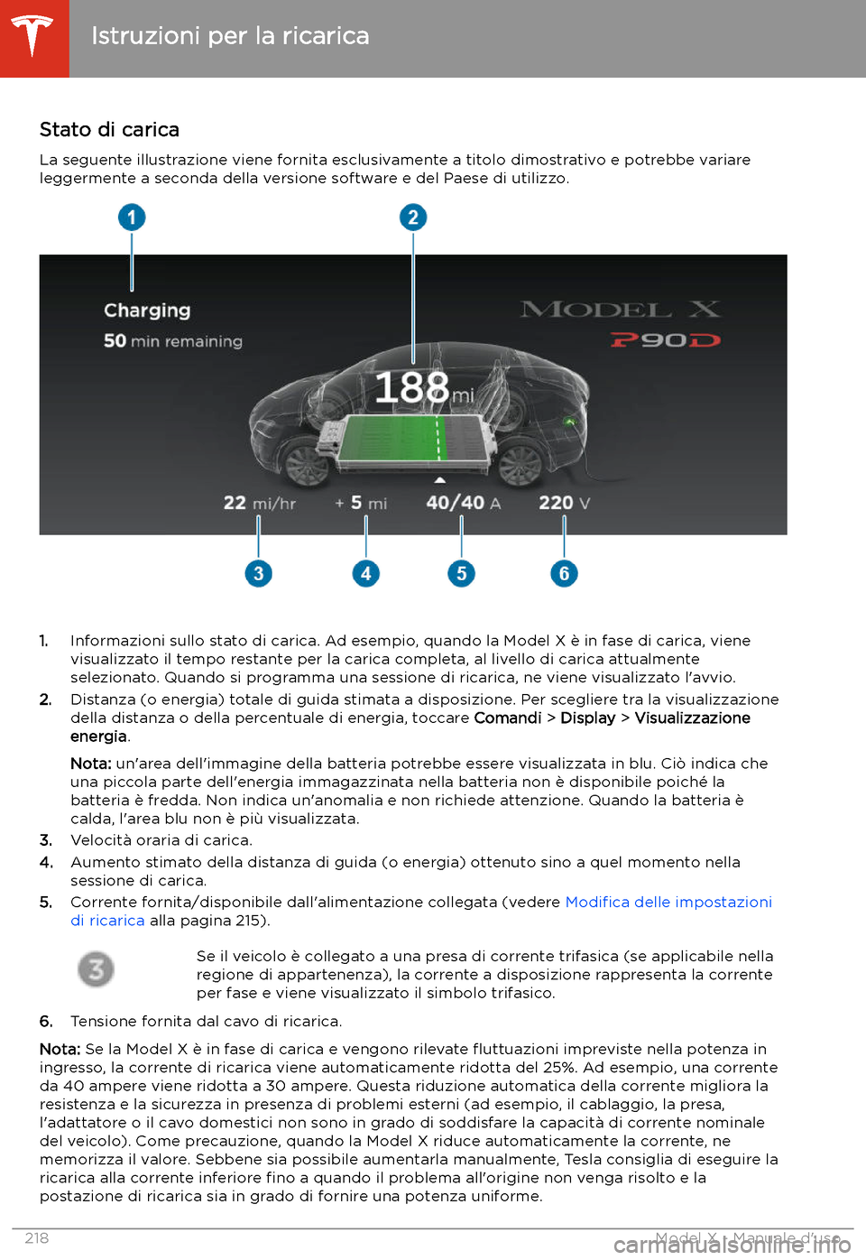 TESLA MODEL X 2020 Manuale del proprietario (in Italian) Stato di carica
La seguente illustrazione viene fornita esclusivamente a titolo dimostrativo e potrebbe variare leggermente a seconda della versione software e del Paese di utilizzo.
1. Informazioni s TESLA MODEL X 2020 Manuale del proprietario (in Italian) Stato di carica
La seguente illustrazione viene fornita esclusivamente a titolo dimostrativo e potrebbe variare leggermente a seconda della versione software e del Paese di utilizzo.
1. Informazioni s