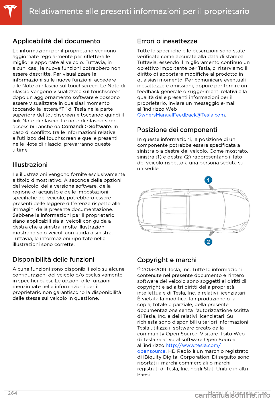 TESLA MODEL X 2020 Manuale del proprietario (in Italian) Relativamente alle presenti informazioni per il proprietario
Applicabilit TESLA MODEL X 2020 Manuale del proprietario (in Italian) Relativamente alle presenti informazioni per il proprietario
Applicabilit
