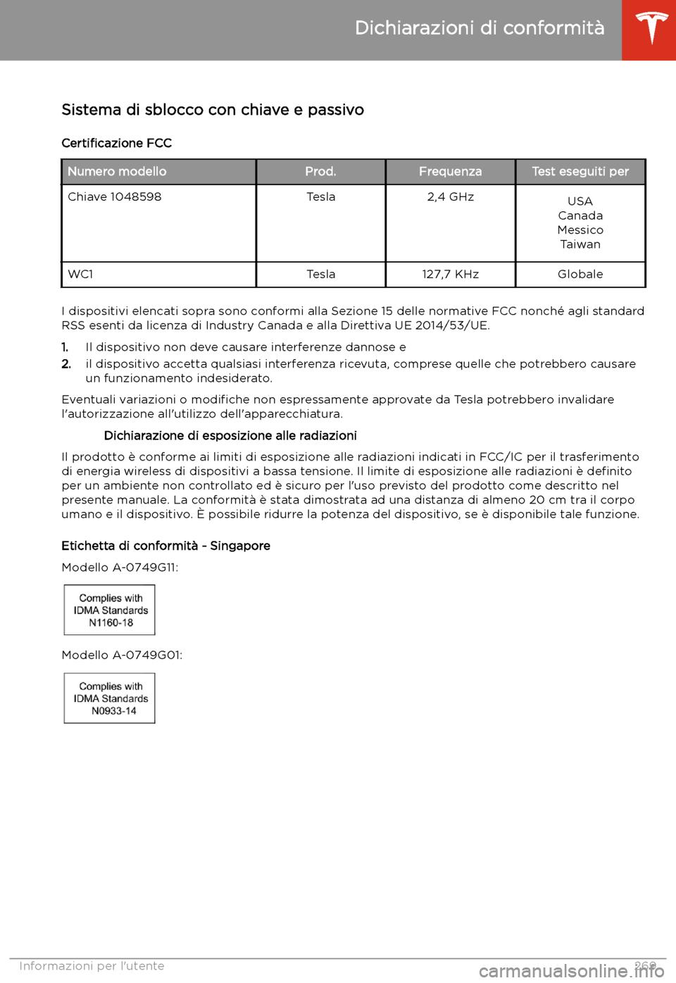 TESLA MODEL X 2020 Manuale del proprietario (in Italian) Dichiarazioni di conformit TESLA MODEL X 2020 Manuale del proprietario (in Italian) Dichiarazioni di conformit